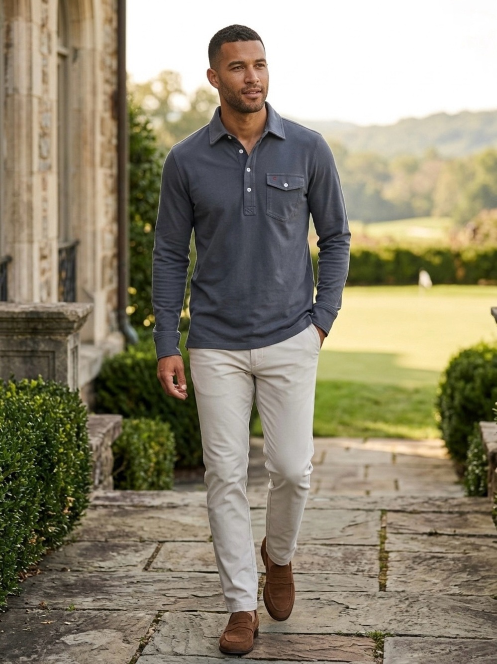 Criquet Mens Long Sleeve Players Shirt S Gray Organic Cotton Pocket Polo Golf
